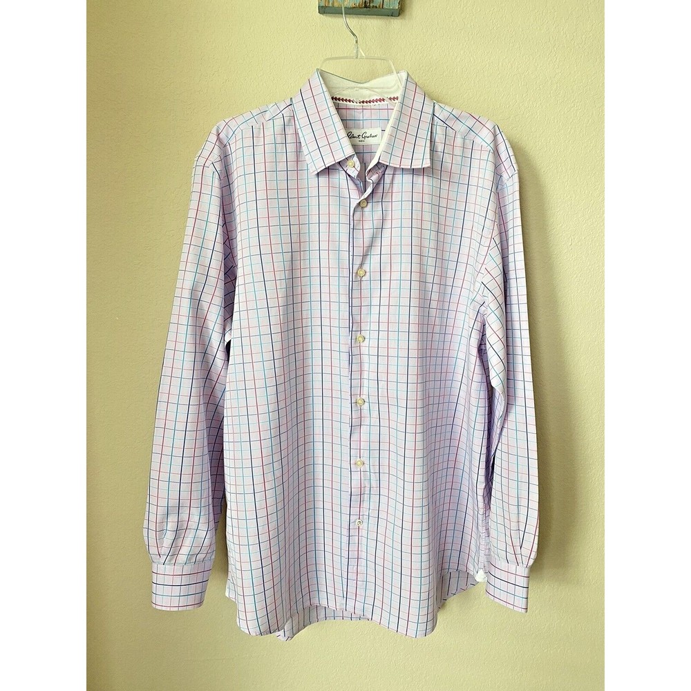 Robert Graham Men's Size 44/17.5 Purple Checkered Button Down 100% Cotton Shirt